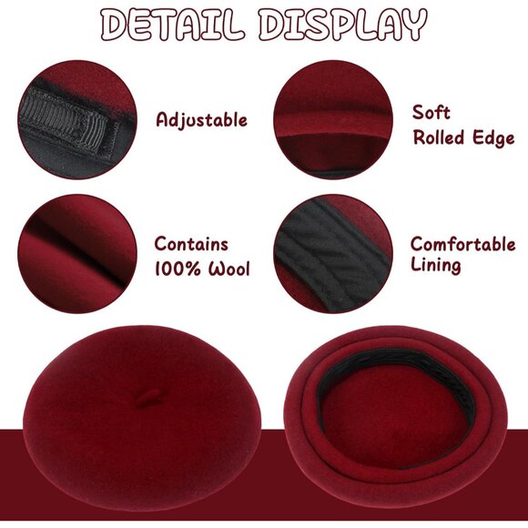 Wool Beret Hat Women Men French Style Handmade Adjustable Gifting - Picture 3 of 6